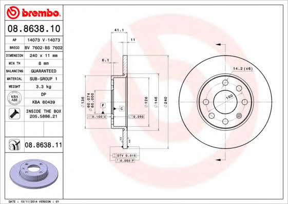 Unventilated front brake disc Brembo 08.8638.11
