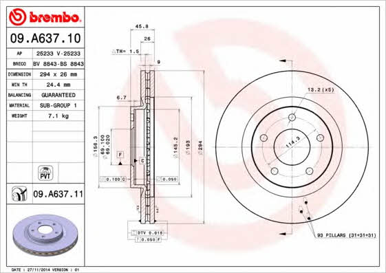 Тормозной диск вентилируемый, 1 шт. Brembo 09.A637.11