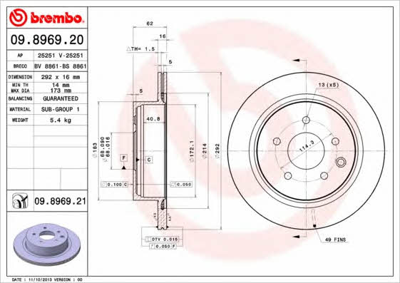 Rear ventilated brake disc Brembo 09.8969.21