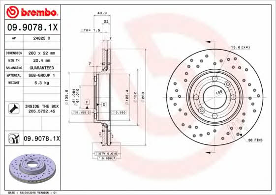 Тормозной диск вентилируемый с перфорацией Brembo 09.9078.1X