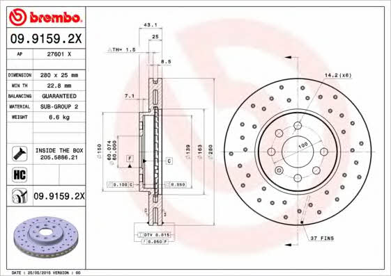 Front brake disc ventilated Brembo 09.9159.2X