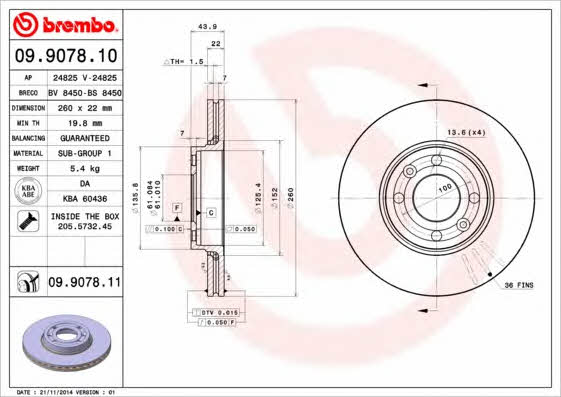 Тормозной диск вентилируемый, 1 шт. Brembo 09.9078.11