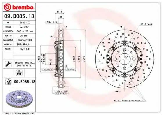 Innenbelüftete Bremsscheibe perforiert Brembo 09.B085.13