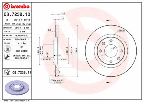 Unventilated front brake disc Brembo 08.7238.11