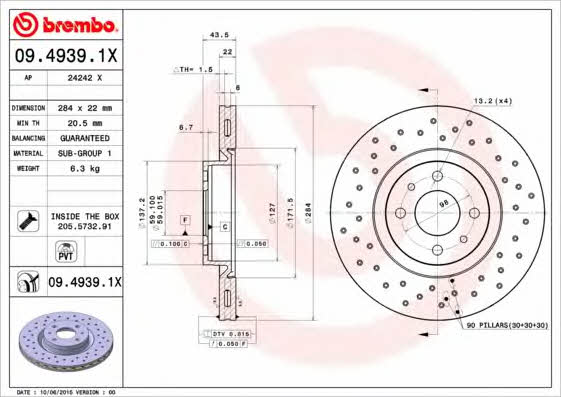 Тормозной диск вентилируемый с перфорацией Brembo 09.4939.1X
