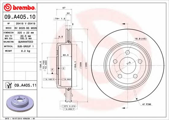 Brembo 09.A405.10 Тормозной диск задний вентилируемый 09A40510: Отличная цена - Купить в Польше на 2407.PL!