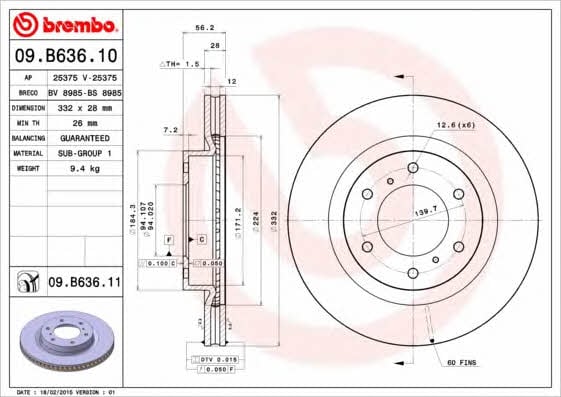 Brembo 09.B636.10 Ventilated disc brake, 1 pcs. 09B63610: Buy near me in Poland at 2407.PL - Good price!