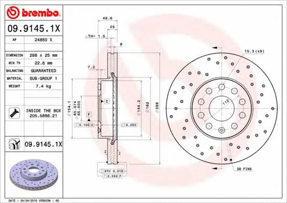 Ventilated brake disc with perforation Brembo 09.9145.1X