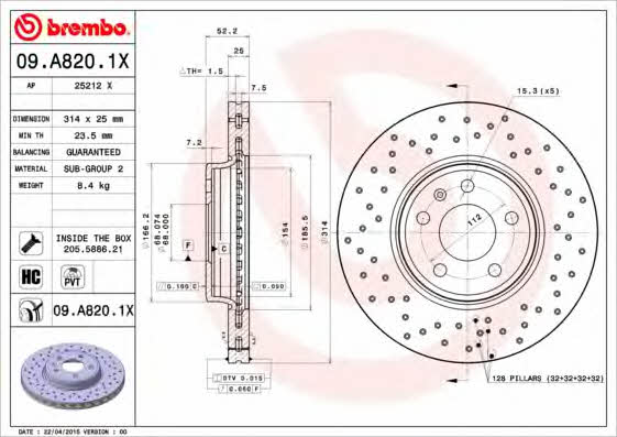 Ventilated brake disc with perforation Brembo 09.A820.1X