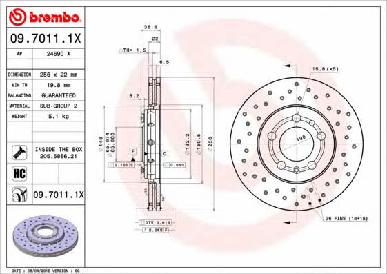 Тормозной диск вентилируемый с перфорацией Brembo 09.7011.1X