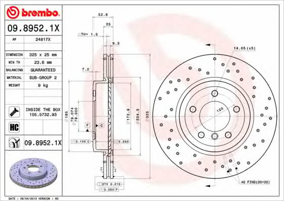 Ventilated brake disc with perforation Brembo 09.8952.1X