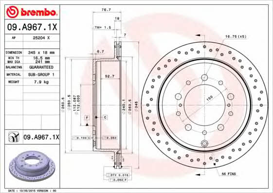 Диск гальмівний вентильований з перфорацією Brembo 09.A967.1X