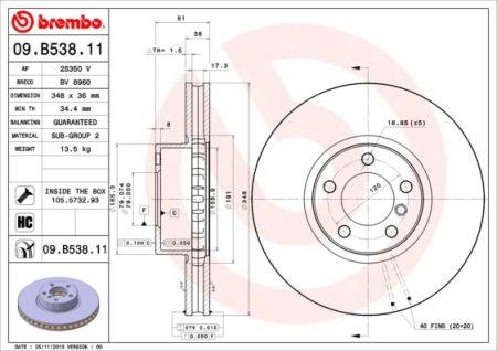 Tarcza hamulcowa wentylowana, 1 szt. Brembo 09.B538.11