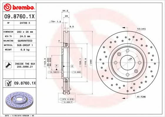 Тормозной диск вентилируемый с перфорацией Brembo 09.8760.1X