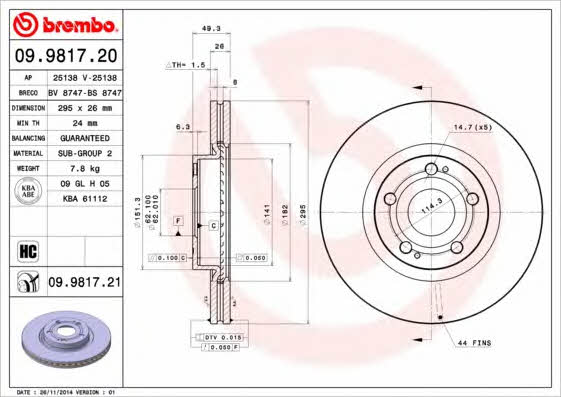 Ventilated disc brake, 1 pcs. Brembo 09.9817.21