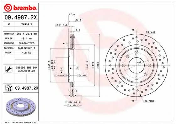 Ventilated brake disc with perforation Brembo 09.4987.2X