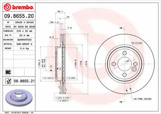Brembo 09.8655.20 Front brake disc ventilated 09865520: Buy near me in Poland at 2407.PL - Good price!