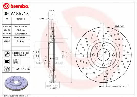 Ventilated brake disc with perforation Brembo 09.A185.1X