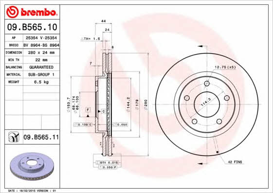 Brembo 09.B565.10 Front brake disc ventilated 09B56510: Buy near me in Poland at 2407.PL - Good price!