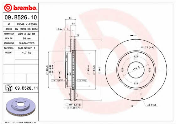 Innenbelüftete Bremsscheibe vorne Brembo 09.B526.11