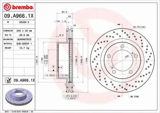 Front brake disc ventilated Brembo 09.A966.1X