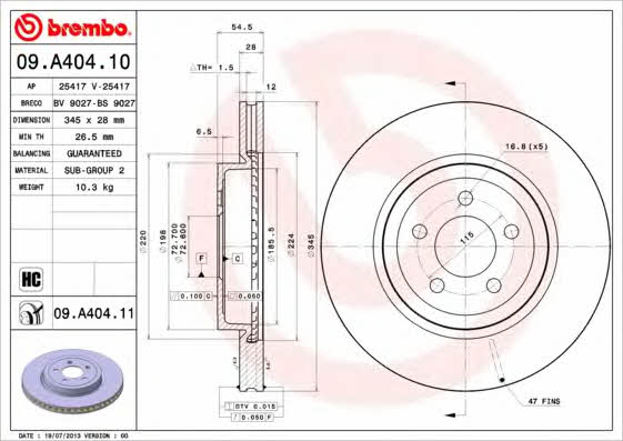 Ventilated disc brake, 1 pcs. Brembo 09.A404.11