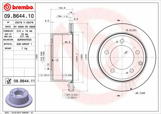 Brembo 09.B644.11 Rear ventilated brake disc 09B64411: Buy near me in Poland at 2407.PL - Good price!
