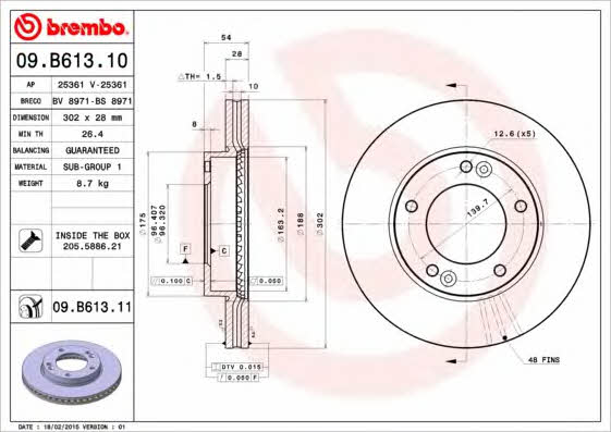 Tarcza hamulcowa wentylowana, 1 szt. Brembo 09.B613.11