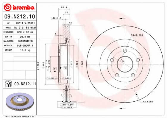 Brembo 09.N212.10 Тормозной диск вентилируемый, 1 шт. 09N21210: Отличная цена - Купить в Польше на 2407.PL!