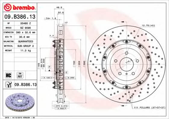 Диск гальмівний вентильований з перфорацією Brembo 09.B386.13