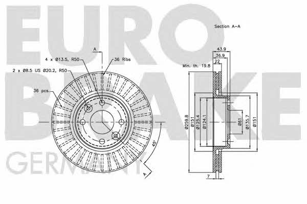 Eurobrake 5815202264 Front brake disc ventilated 5815202264: Buy near me in Poland at 2407.PL - Good price!