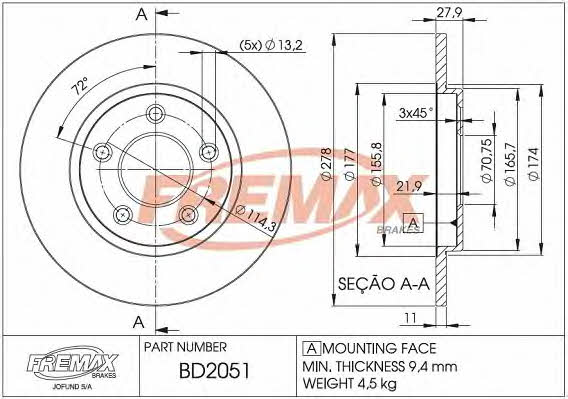 Fremax BD-2051 Rear brake disc, non-ventilated BD2051: Buy near me in Poland at 2407.PL - Good price!