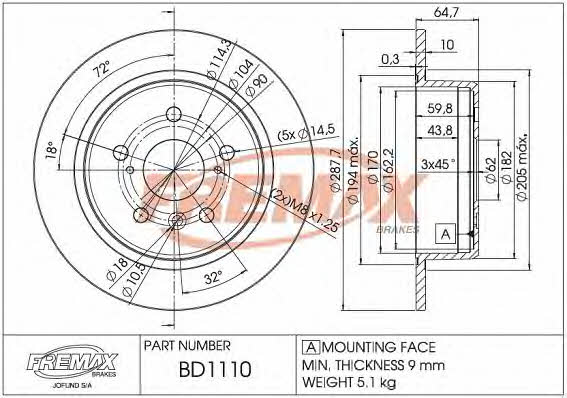 Fremax BD-1110 Rear brake disc, non-ventilated BD1110: Buy near me in Poland at 2407.PL - Good price!