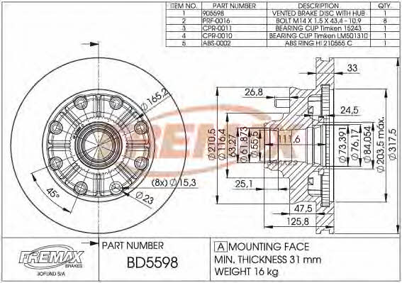Fremax BD-5598 Front brake disc ventilated BD5598: Buy near me in Poland at 2407.PL - Good price!