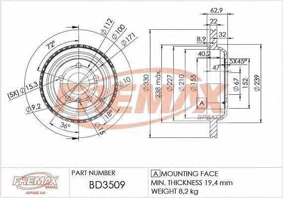 Fremax BD-3509 Rear ventilated brake disc BD3509: Buy near me in Poland at 2407.PL - Good price!