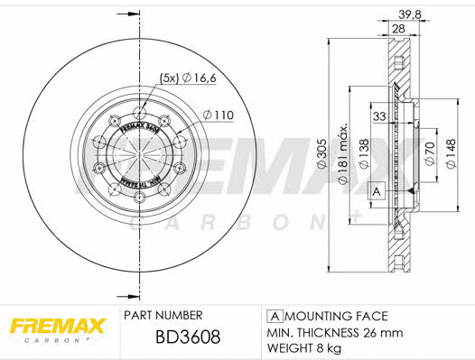 Fremax BD-3608 Front brake disc ventilated BD3608: Buy near me in Poland at 2407.PL - Good price!