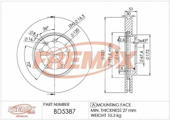 Fremax BD-5387 Front brake disc ventilated BD5387: Buy near me in Poland at 2407.PL - Good price!