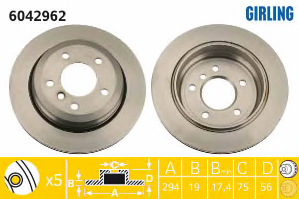 Girling 6042962 Rear ventilated brake disc 6042962: Buy near me in Poland at 2407.PL - Good price!