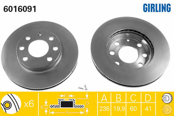 Girling 6016091 Front brake disc ventilated 6016091: Buy near me in Poland at 2407.PL - Good price!
