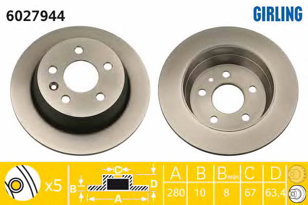 Girling 6027944 Rear brake disc, non-ventilated 6027944: Buy near me in Poland at 2407.PL - Good price!