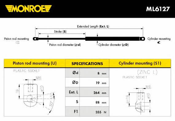 Monroe ML6127 Пружина газовая капота ML6127: Отличная цена - Купить в Польше на 2407.PL!