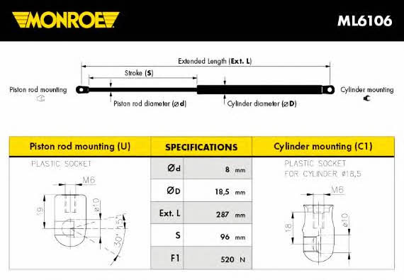 Monroe ML6106 Motorhaubegasdruckfeder ML6106: Kaufen Sie zu einem guten Preis in Polen bei 2407.PL!