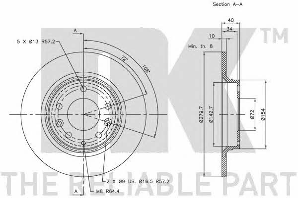 NK 313246 Rear brake disc, non-ventilated 313246: Buy near me in Poland at 2407.PL - Good price!