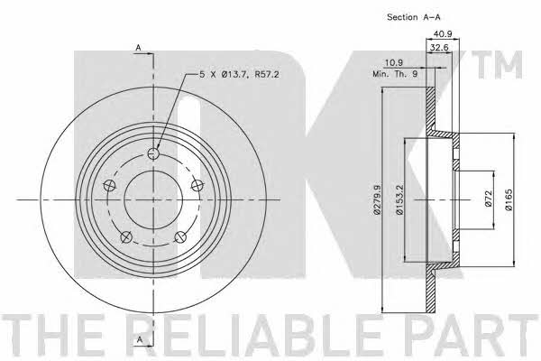 NK 313252 Rear brake disc, non-ventilated 313252: Buy near me in Poland at 2407.PL - Good price!