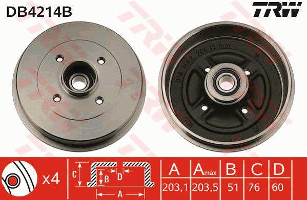 TRW DB4214B Brake drum with wheel bearing, assy DB4214B: Buy near me in Poland at 2407.PL - Good price!