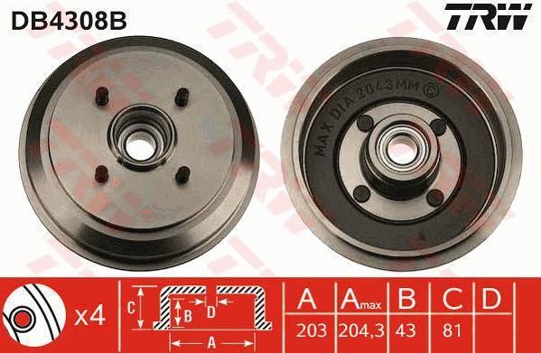 TRW DB4308B Brake drum with wheel bearing, assy DB4308B: Buy near me at 2407.PL in Poland at an Affordable price!