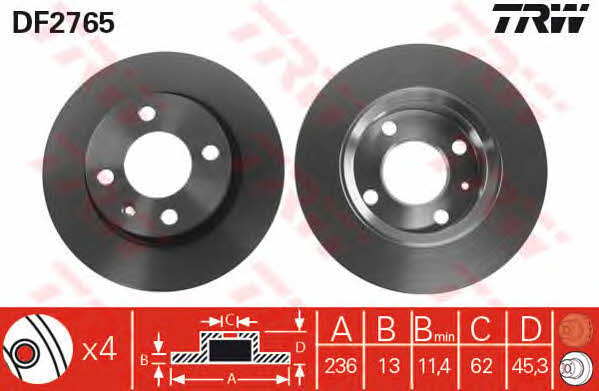 TRW DF2765 Unventilated front brake disc DF2765: Buy near me in Poland at 2407.PL - Good price!