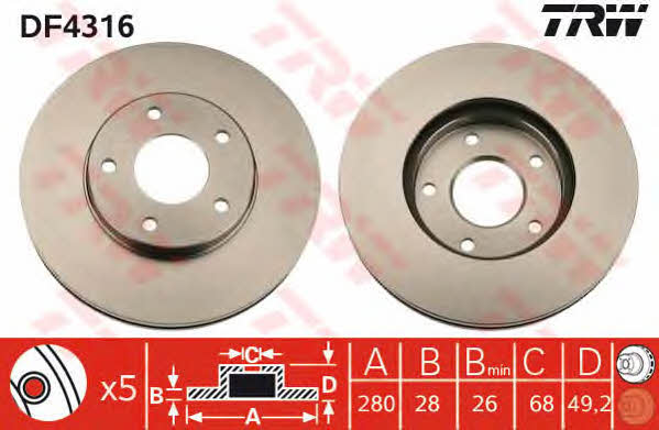 TRW DF4316 Front brake disc ventilated DF4316: Buy near me in Poland at 2407.PL - Good price!