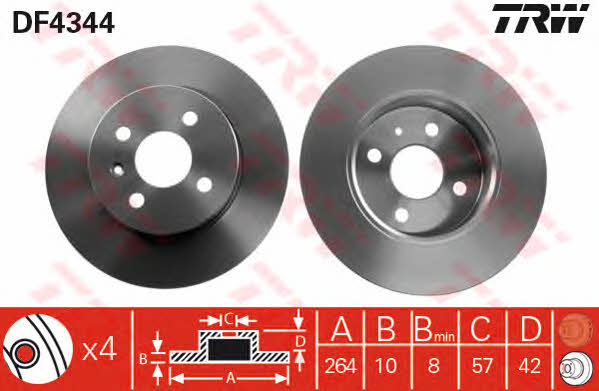 TRW DF4344 Rear brake disc, non-ventilated DF4344: Buy near me in Poland at 2407.PL - Good price!