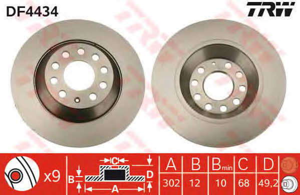 TRW DF4434 Rear brake disc, non-ventilated DF4434: Buy near me in Poland at 2407.PL - Good price!